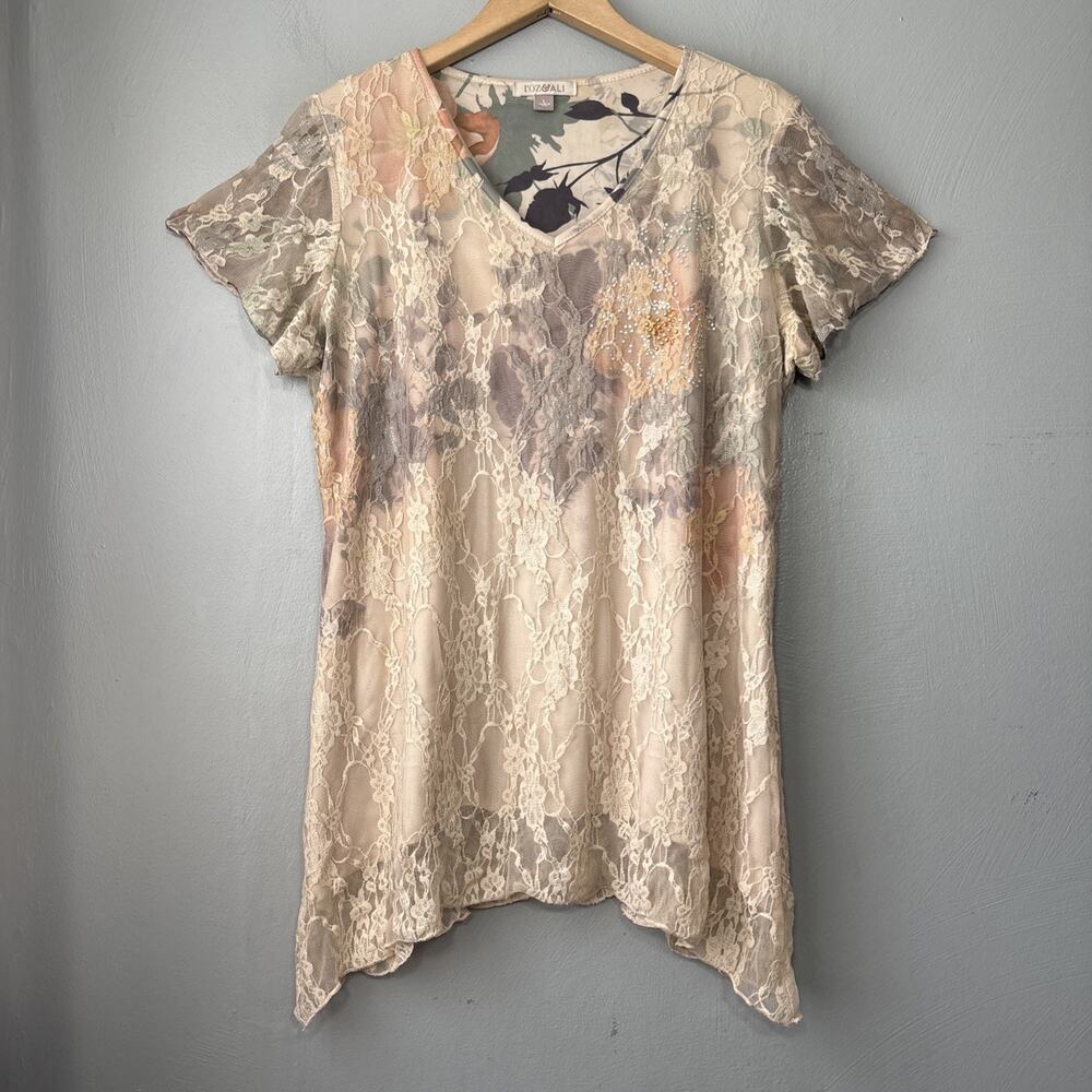 Roz & Ali Top Size Large Lace Embellished Boho Fairy Grunge Shark Bite Angel Y2K